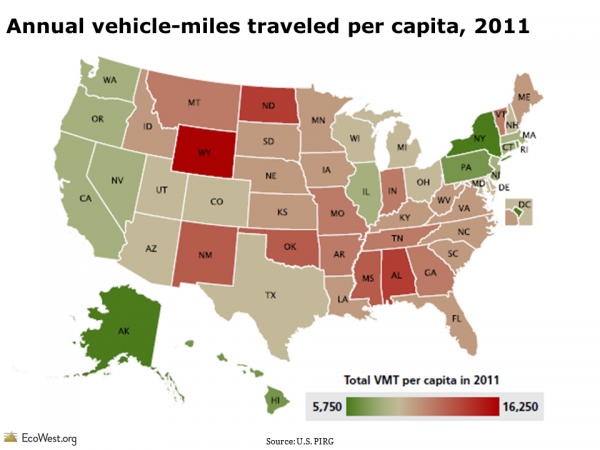 Annual vehicle miles traveled per capita, 2011